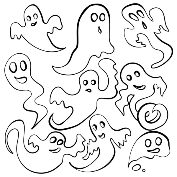 Set Von Umrissen Doodle Geister Geister Verschiedenen Formen Für Beängstigende — Stockvektor