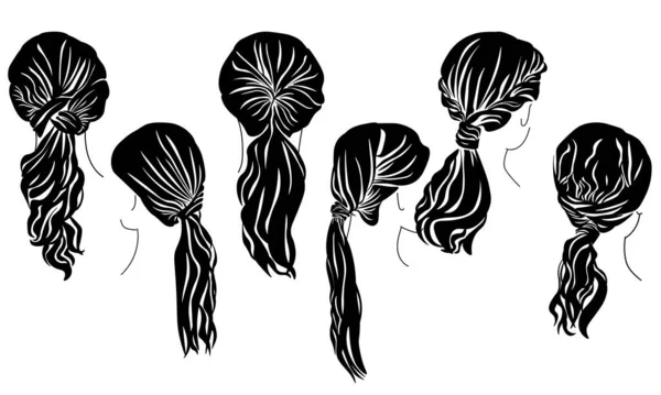 Low Ponytail Hairstyle Silhouette Set Retro Waves Stylish Women Styling — Stock Vector