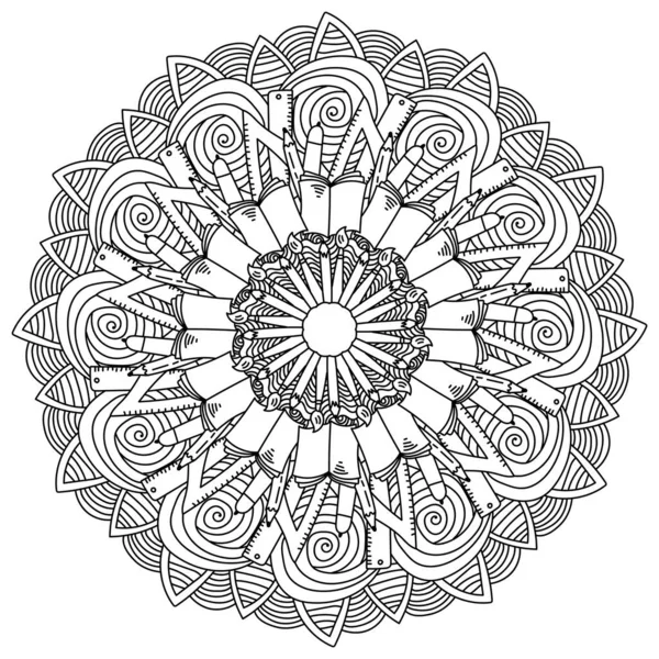 Outline Mandala Education School Theme Meditative Coloring Page Ornate Patterns — Stock Vector