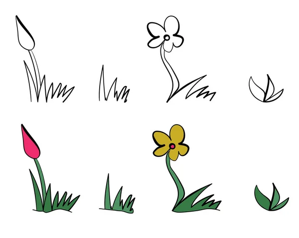 Ensemble Fleurs Herbes Gribouillage Contour Illustration Vectorielle Ombragée Pour Conception — Image vectorielle