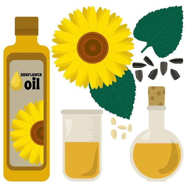 Set of sunflower oil in various utensils and flowers, sunflower seeds, plant elements and derivatives vector illustration