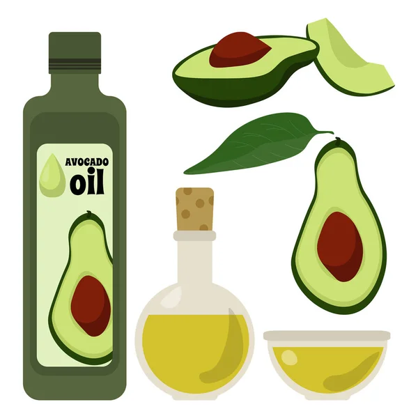 Sada Avokádových Olejů Zelených Zeleninových Půlek Rostlinný Vyživující Olej Různých — Stockový vektor