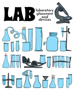 Karalama stilinde laboratuvar araştırmaları için cam eşyalar ve araçlar, bilimsel vektör illüstrasyonu için boş kaplar
