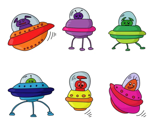 Ovni Conjunto Com Alienígena Estilo Doodle Alienígenas Bonitos Naves Espaciais — Vetor de Stock