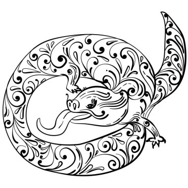 Süslü desenli ejderha Çin burcunun bir sembolüdür, fantastik bir yaratık vektör çizimi ile meditasyon yapan bir renk sayfası.