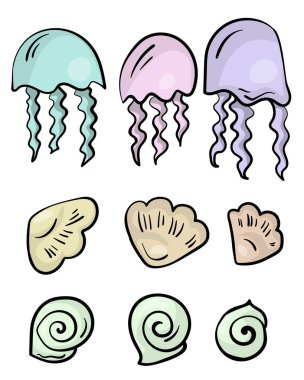 Karalama stilinde deniz sakinleri, hassas renk vektör illüstrasyonunda denizanaları ve kabuklar.