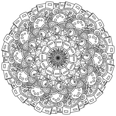 Okul nitelikleri hakkında mandala ana hatları, süslü girdaplar ve eğitici tema vektör illüstrasyonundaki öğeler ile karalama boyama sayfası