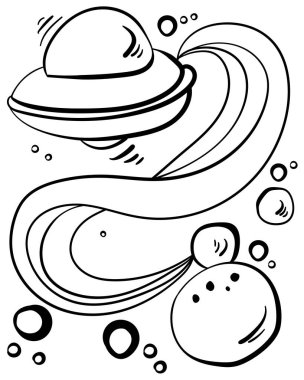 Asteroitler arasında açık uzayda uzay gemisi, etkinlik için UFO renklendirme sayfası çizimi