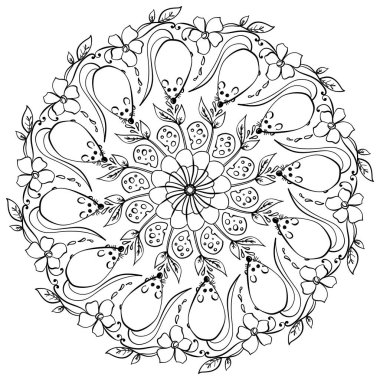 Fare, peynir ve bahar çiçekleriyle mandala, etkinlik ve yaratıcılık için karalama sayfası vektör çizimi
