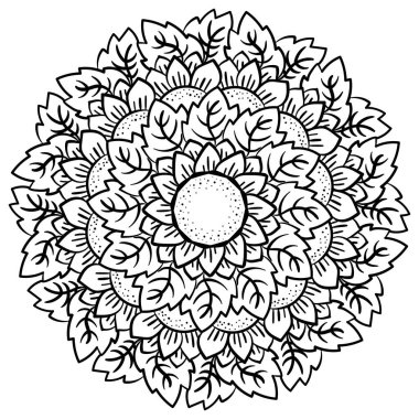 Çiçekler ve yapraklarla mandala, yaratıcı etkinlik için özet renklendirme sayfası çizimi