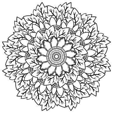 Bir demet çiçek ve yaprakla Mandala, Anneler Günü için yaratıcı aktivite için meditasyon sayfası çizimi