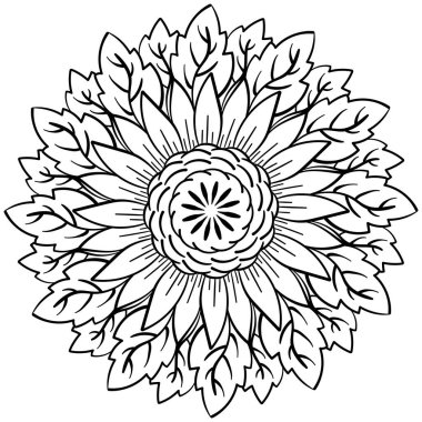Büyük çiçekli ve yapraklı mandala, yaratıcı el çizimi sayfa çizimi illüstrasyonu