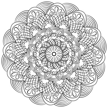 Damlalar, daireler ve çizgiler ile süslü mandala, etkinlik ve tasarım için meditasyon sayfası çizimi