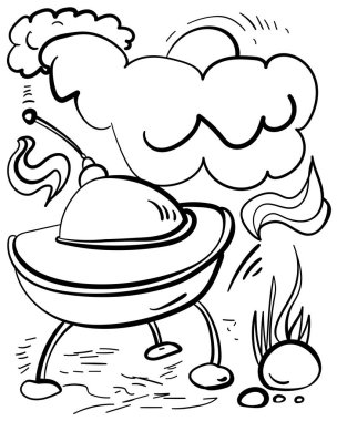 Doğal ortamda uzay gemisi, UFO boyama sayfası çocuk etkinliği illüstrasyonu