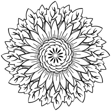 Büyük çiçekli ve yapraklı mandala, yaratıcı el çizimi sayfa çizimi illüstrasyonu