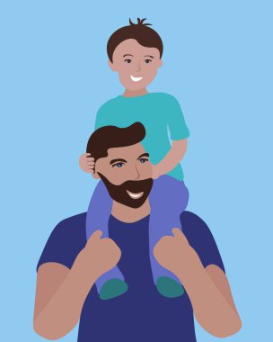 Çocuk babasının omuzlarında oturur, Babalar Günü için kartpostal atar, yürüyüş yapan mutlu bir aile, tasarım için oğul ve baba vektör çizimi