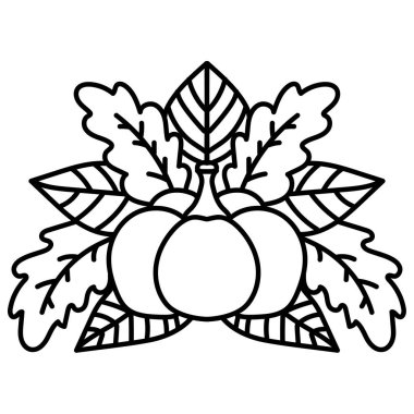 Şükran Günü boyama sayfası, ana hatlı balkabağı ve tatil etkinliği illüstrasyonu için çeşitli yapraklar