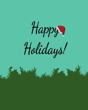 Mutlu tatiller, dikey tatil kartı ya da Noel Baba şapkası ve çam dallarının silueti ve çobanpüskülü el ilanı.