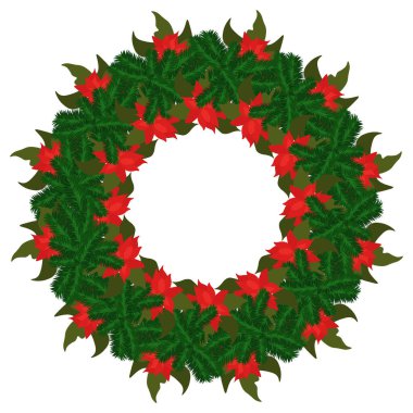 Spruce dallı Noel çelengi ve dizayn için kırmızı noktalı çiçek vektör illüstrasyonu