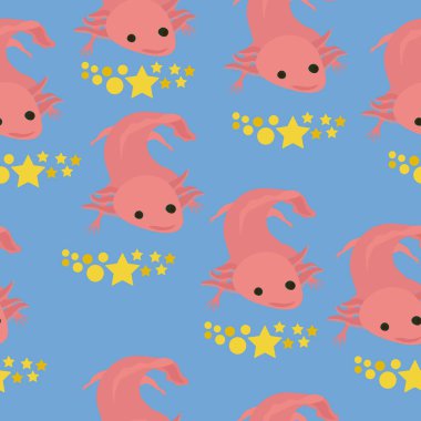 Mavi arkaplan çizimi üzerinde Axolotl pürüzsüz desen, akvaryum hayvanı ve yıldızlar kumaş, kağıt veya ambalaj tasarımı 