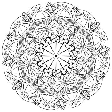 Şemsiyeli ve yağmurlu mandala çizimi, çocuklar ve yetişkinler için meditasyon sayfası çizimi