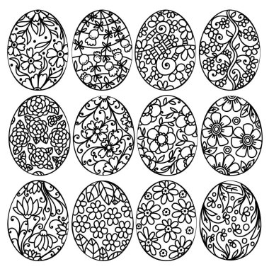 Çiçekli karalama desenli Paskalya yumurtaları, çocuklar için renklendirme sayfası çizimi ve yetişkinler için tatil etkinliği veya tasarımı