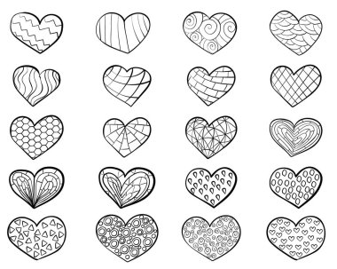 Sevgililer Günü için tasarım ya da yaratıcılık vektörü illüstrasyonunun ana hatları olan fantezi karalama desenleri olan kalpler.
