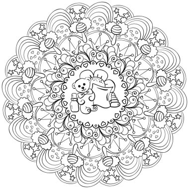 Bebek için oyuncak ayı ve yastıklı taslak mandala, bebek partisi veya tatil aktivitesi için meditasyon sayfası vektör çizimi