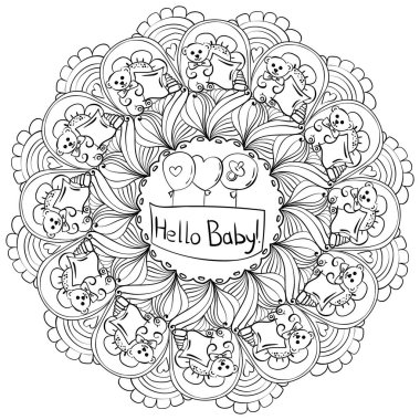 Bebeği selamlayan Contour mandala, bebek partisi ya da tatil aktivitesi için meditasyon sayfası vektör çizimi