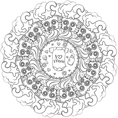 Bebek kıyafetleri ve oyuncaklarıyla Contour mandala, bebek partisi için meditasyon sayfası vektör çizimi veya tatil aktivitesi