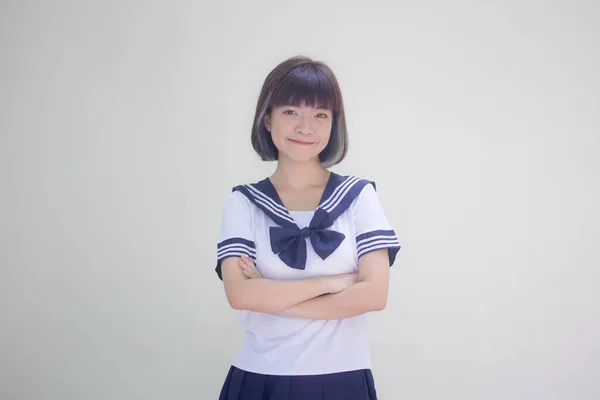 Japonais Adolescent Belle Fille Uniforme Étudiant Heureux Détendre — Photo