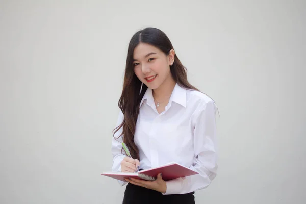 Portret Van Thai Volwassen Kantoor Meisje Schrijf Een Boek — Stockfoto