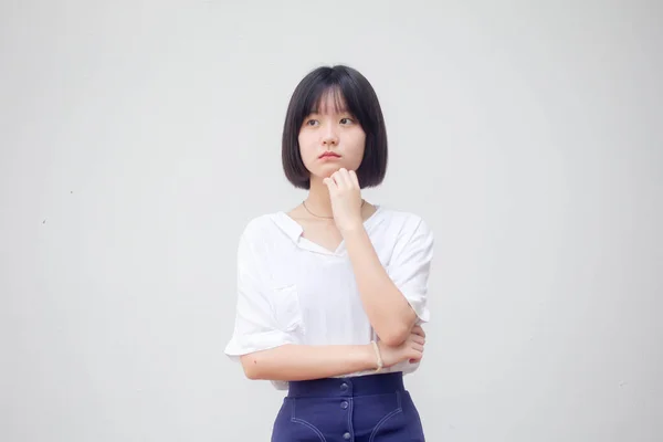 Ásia Tailandês Teen Branco Shirt Bela Menina Pensar — Fotografia de Stock