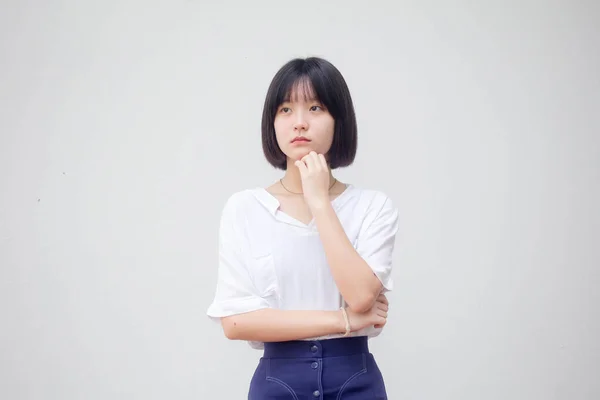 Asia Thai Teen White Shirt Beautiful Girl Think — Stock Photo, Image