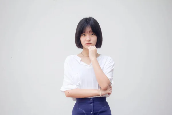 Asia Thai Teen White Tişörtü Güzel Kız Düşün — Stok fotoğraf