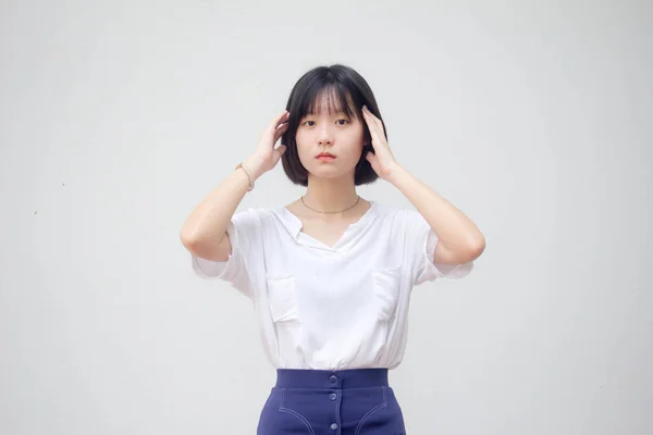 Asiático Tailandés Adolescente Blanco Camiseta Hermosa Chica Pensar —  Fotos de Stock