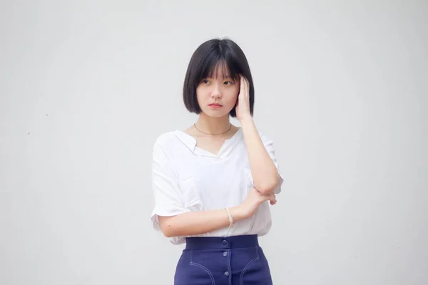 Ázsiai Thai Tini Fehér Póló Gyönyörű Lány Think — Stock Fotó