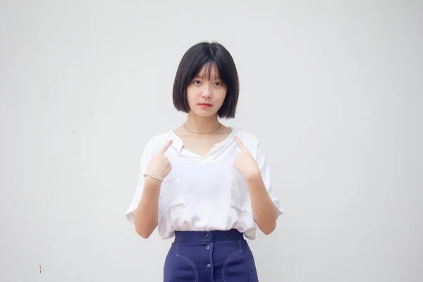 Asiático Tailandés Adolescente Blanco Camiseta Hermosa Chica —  Fotos de Stock