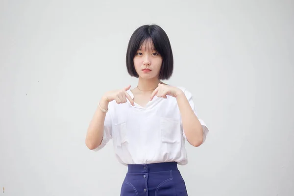 Asiatisch Thai Teen Weiß Shirt Hübsch Mädchen Pointing — Stockfoto