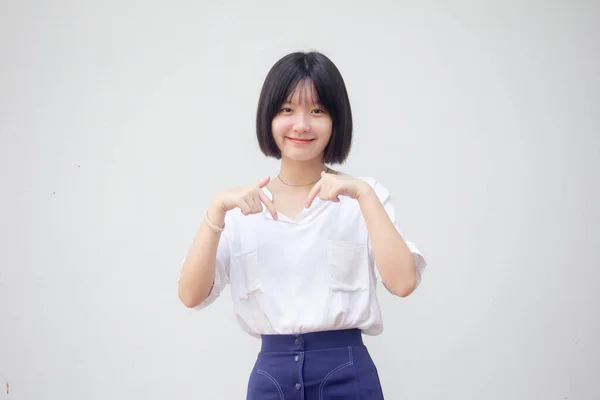 Asias Thai Tenåring Hvit Skjorte Vakker Jente Peker – stockfoto