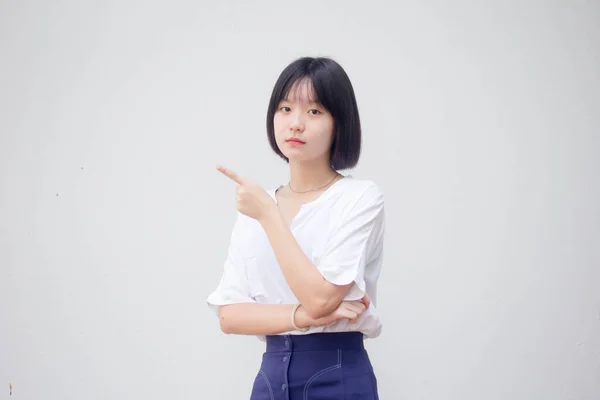 Asijské Thajská Dospívající Bílý Tričko Krásný Dívka Ukazující — Stock fotografie