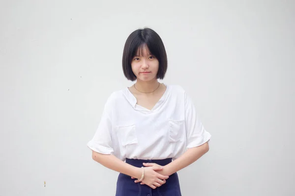 Asia Thai Teen White Tişörtü Güzel Kız Karın Ağrısı — Stok fotoğraf