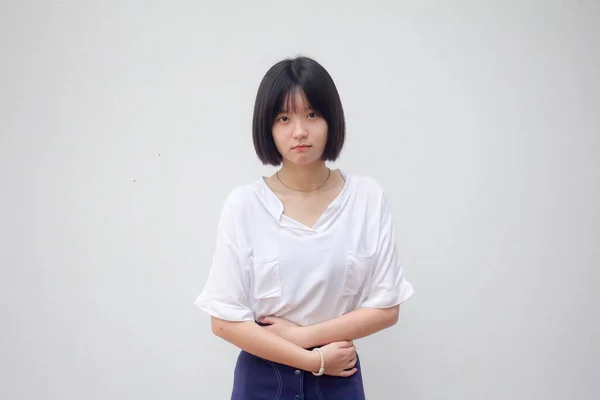 Ασία Thai Έφηβος Λευκό Shirt Όμορφο Κορίτσι Στομαχόπονο — Φωτογραφία Αρχείου