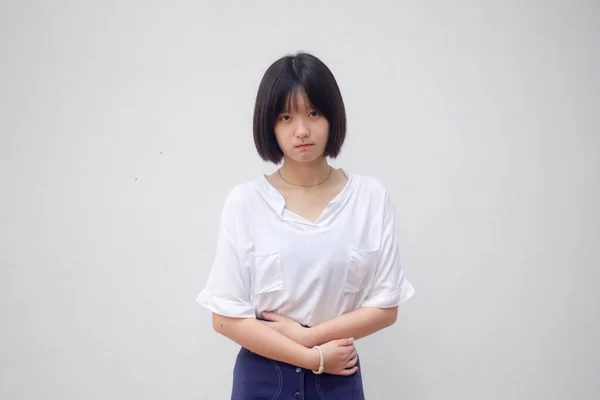 Ασία Thai Έφηβος Λευκό Shirt Όμορφο Κορίτσι Στομαχόπονο — Φωτογραφία Αρχείου
