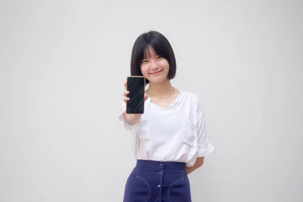 Asiatisch Thai Japanisch Teen Weiß Shirt Hübsch Mädchen Zeigen Sie — Stockfoto