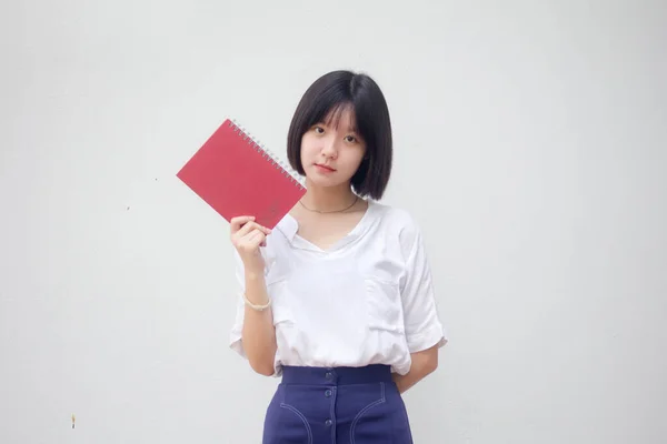 Asijské Thajská Dospívající Bílý Tričko Krásný Dívka Show Kniha — Stock fotografie