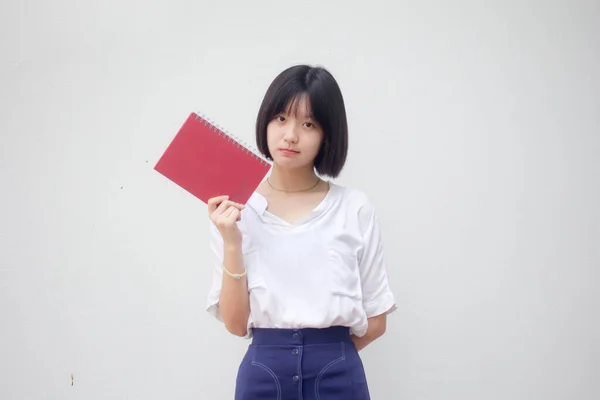 Asiatisch Thai Teen Weiß Shirt Hübsch Mädchen Zeigen Ein Buch — Stockfoto