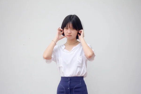 Ásia Tailandês Teen Branco Shirt Bela Menina Não Ouvir — Fotografia de Stock