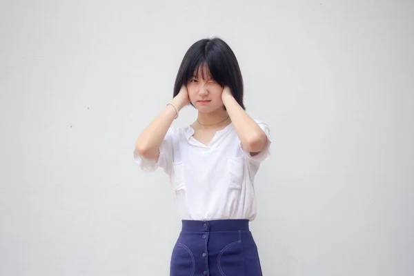 Ásia Tailandês Teen Branco Shirt Bela Menina Não Ouvir — Fotografia de Stock