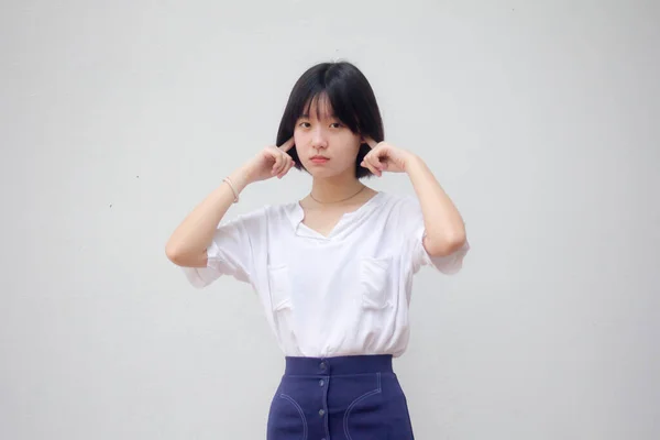 Asia Thai Έφηβος Λευκό Shirt Όμορφο Κορίτσι Δεν Ακούει — Φωτογραφία Αρχείου